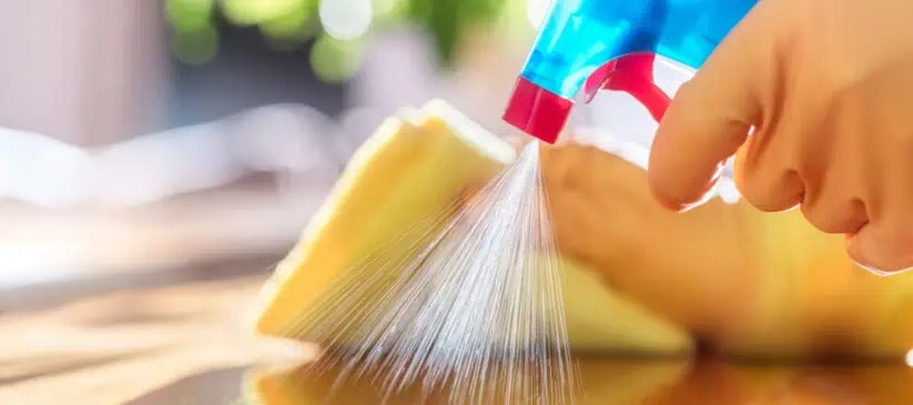 A hand wearing a glove sprays cleaning solution from a blue and red spray bottle onto a wooden surface. A yellow cloth is also being used to wipe the surface, with sunlight illuminating the background, showcasing expert deep cleaning by DuPage Cleaning professionals.