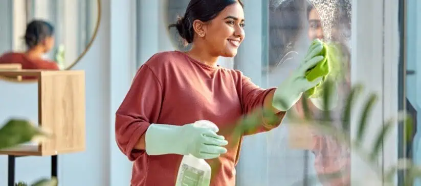 A person with their hair tied back, wearing a reddish-brown shirt and light green gloves, is smiling while using a cloth to clean a window. They are holding a spray bottle in their other hand—true dedication to Deep Cleaning DuPage County. There are plants and a round mirror in the stylish room.