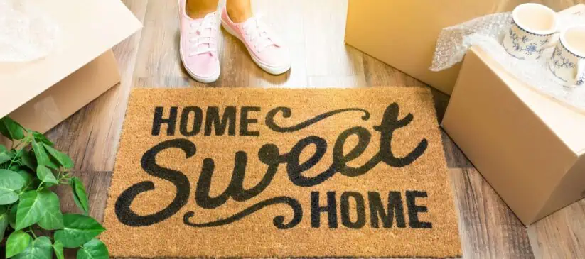 A person wearing pink sneakers stands on a wooden floor next to a doormat that reads "Home Sweet Home" in black text. Surrounding the mat are cardboard boxes and a potted plant, suggesting a new home scene. Residential Cleaning DuPage County can help keep your space spotless as you settle in.