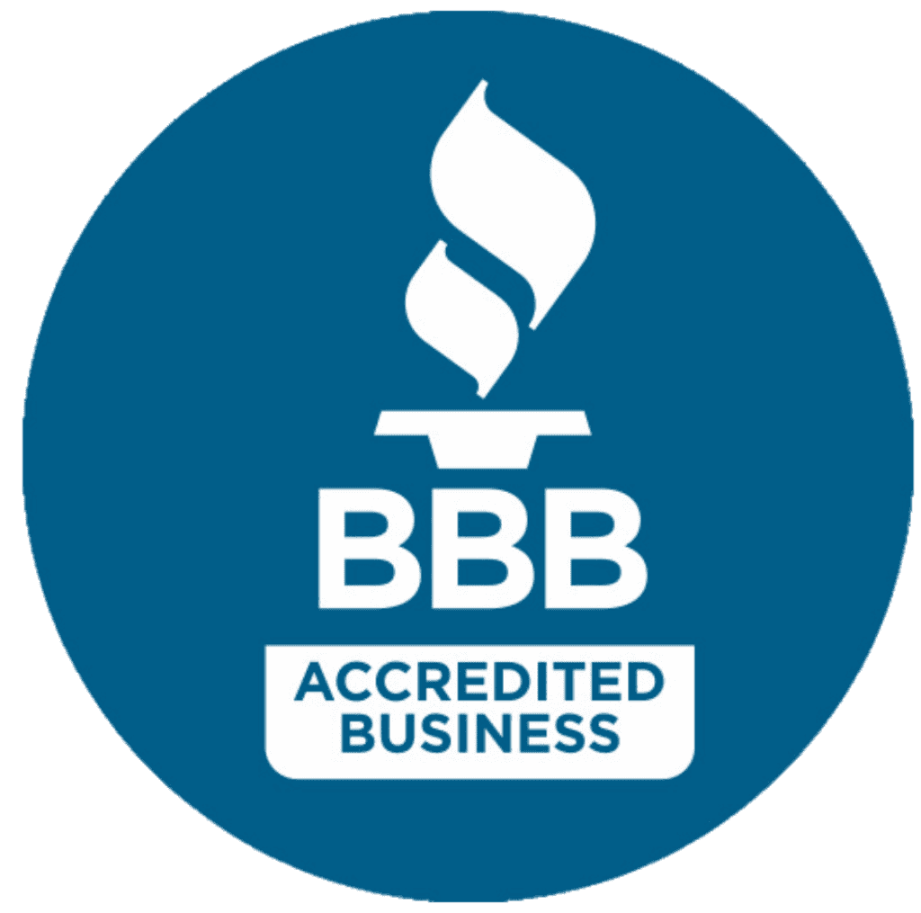 BBB Accredited Business logo on a blue circular background, featuring a stylized white torch above the text.