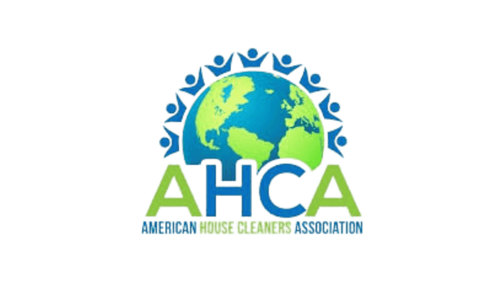 Logo for the American House Cleaners Association (AHCA). It shows a globe with people holding hands in a circle around it. The letters "AHCA" are in bold, with "American House Cleaners Association" written below.